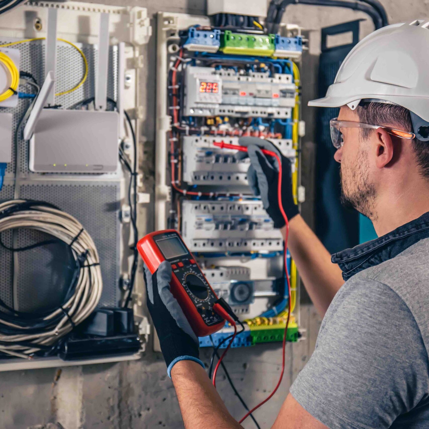 Man, an electrical technician working in a switchboard with fuses. Installation and connection of electrical equipment. Professional uses a tablet.